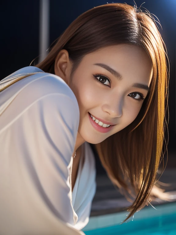 Latex bodysuit、Knee-high boots、Huge 、Long brown hair、Shiny, Oily skin、Glowing Skin、Indoor competition pool、White skin、Beautiful woman in kimono,Body Portrait、8k,Beautiful and beautiful eyes,Dindal effect、masterpiece, 最high quality, high quality, High resolution、Very detailed photos、(Natural skin texture、Fine skin、Hyperrealism、Ultra Sharpness)、Skin with attention to detail、(Very detailed、Fine skin texture、Intricate details、Beautiful Face、(A vivid face)、Realistic eyes、Beautiful and detailed、Realistic Skin、Beautiful Skin、Surreal、Very detailed、Golden Ratio、With a smile、((Night moonlight background))、Body Portrait、Shinyボディスーツ