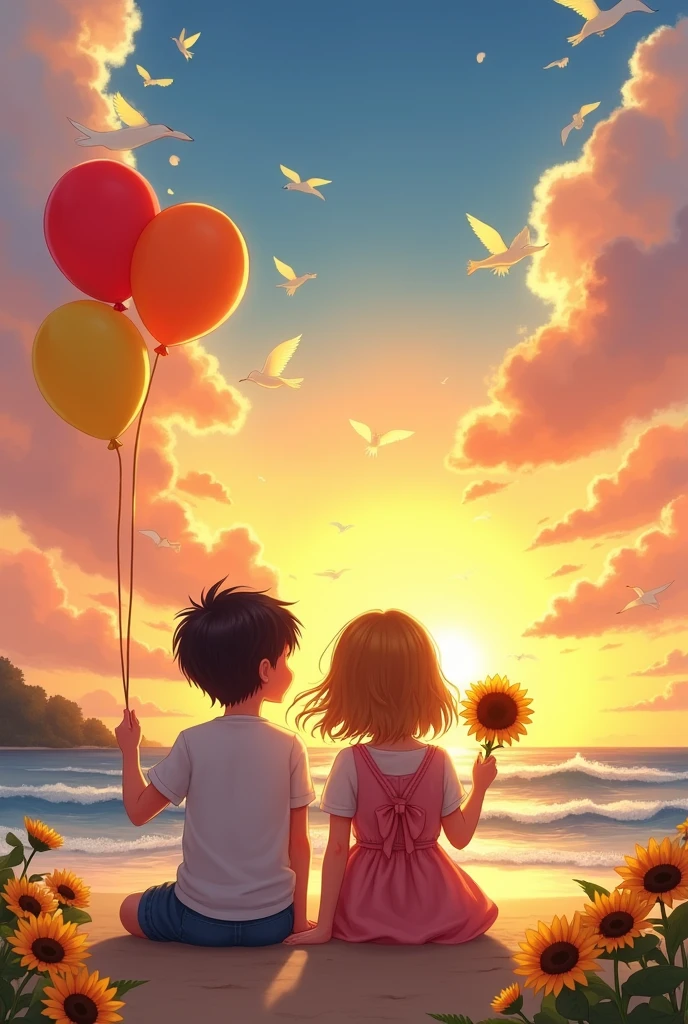 The open sky, birds flying. A red balloon enters the frame, followed by boy then a yellow balloon, followed by girl. They are at the beach, sitting and watching the sunset, holding sunflower.
Draw this scene