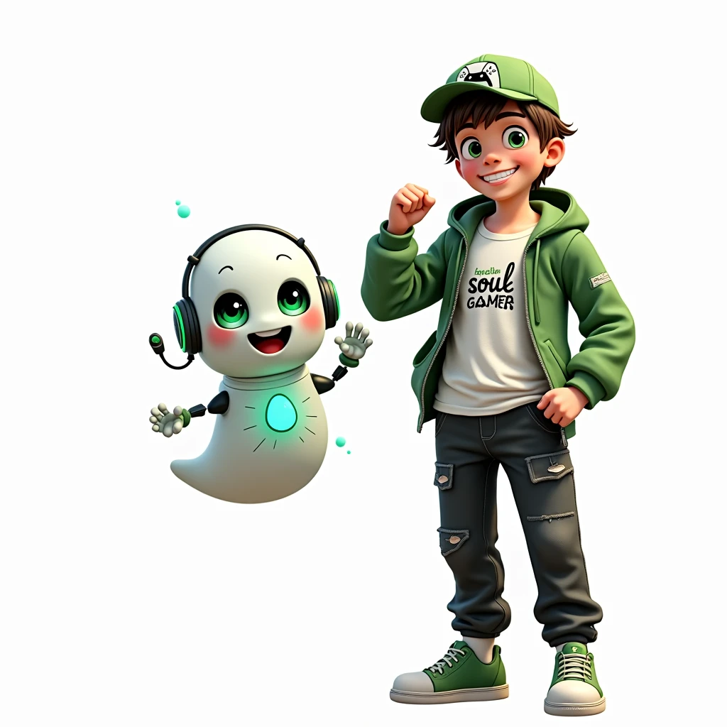 Create two characters that interact with each other. The two characters are friends through many adventures. 
Character 1: Boy approximately 1 . He is tall. His facial expression is friendly and smiling., with big green eyes that convey a sense of curiosity and joy. your hair is short, brown in color and slightly disheveled, visible under the CAP. His cap is green and has a Playstation 5 controller printed on the front.. He wears a white T-shirt under a hooded jacket and matching cap.. The jacket has the word "Soulgamer" written visibly at chest height. He wears loose black pants that fit comfortably over green sneakers that match his jacket and cap., with white shoelaces tied tightly. Character 1 is standing with the fist of one of his hands clenched while the fist of his other hand is raised as if he is celebrating.. 
Character 2: Medium-sized robot mascot with ghost-like appearance. Resembling a drop. On his hands he has five well-defined fingers. His facial expression has large, green eyes with a glow, conveying a friendly and cheerful expression. He has a small open mouth with a happy smile and flushed cheeks.. Its body is white with small green details and a smooth, slightly shiny texture.. He has a headset on his head with an adjustable microphone positioned close to his mouth.. And on his chest you can see the illuminated shape of a Playstation 5 controller in fluorescent green.. It floats in the air, as if he were ready for an adventure. 
The scene consists of a stone road with plants on the side and behind the characters you can see a portal where the word is written "Soul Gamer"