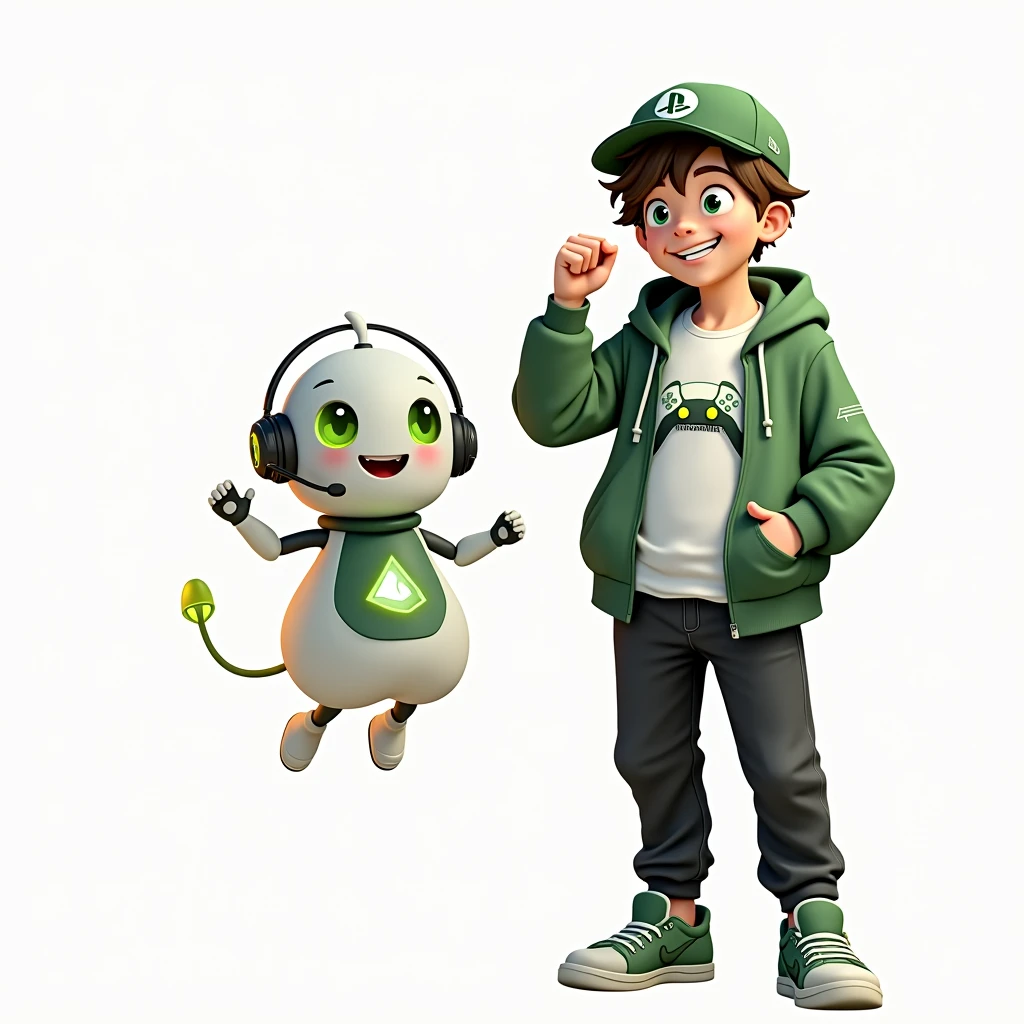Create two characters that interact with each other. The two characters are friends through many adventures. 
Character 1: Boy approximately 1 . He is tall. His facial expression is friendly and smiling., with big green eyes that convey a sense of curiosity and joy. your hair is short, brown in color and slightly disheveled, visible under the CAP. His cap is green and has a Playstation 5 controller printed on the front.. He wears a white T-shirt under a hooded jacket and matching cap.. The jacket has the word "Soulgamer" written visibly at chest height. He wears loose black pants that fit comfortably over green sneakers that match his jacket and cap., with white shoelaces tied tightly. Character 1 is standing with the fist of one of his hands clenched while the fist of his other hand is raised as if he is celebrating.. 
Character 2: Medium-sized robot mascot with ghost-like appearance. Resembling a drop. On his hands he has five well-defined fingers. His facial expression has large, green eyes with a glow, conveying a friendly and cheerful expression. He has a small open mouth with a happy smile and flushed cheeks.. Its body is white with small green details and a smooth, slightly shiny texture.. He has a headset on his head with an adjustable microphone positioned close to his mouth.. And on his chest you can see the illuminated shape of a Playstation 5 controller in fluorescent green.. It floats in the air, as if he were ready for an adventure. 
The scene consists of a stone road with plants on the side and behind the characters you can see a portal where the word is written "Soul Gamer"