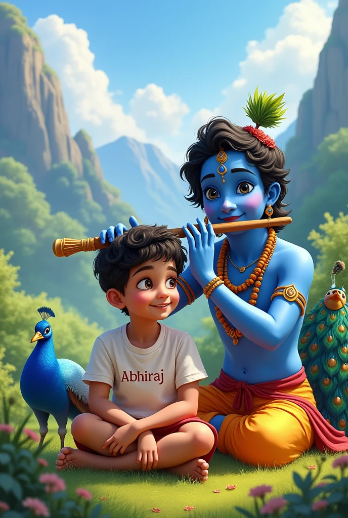 A young boy wearing a white T-shirt with ABHIRAJprinted on it sits beside a blue-skinned figure resembling Lord Krishna, who is playing a flute. The scene is set in a picturesque landscape with mountains in the background, lush greenery, and a peacock nearby. The boy and Krishna have cheerful expressions, embodying a sense of friendship and joy.