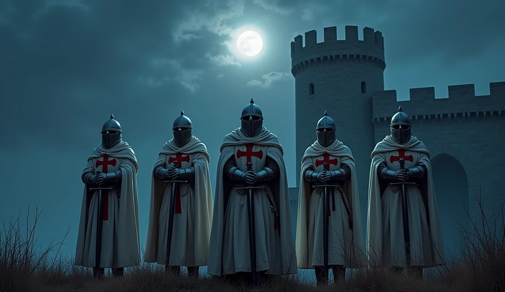 5 Knights Templar in front of the castle tower, the night