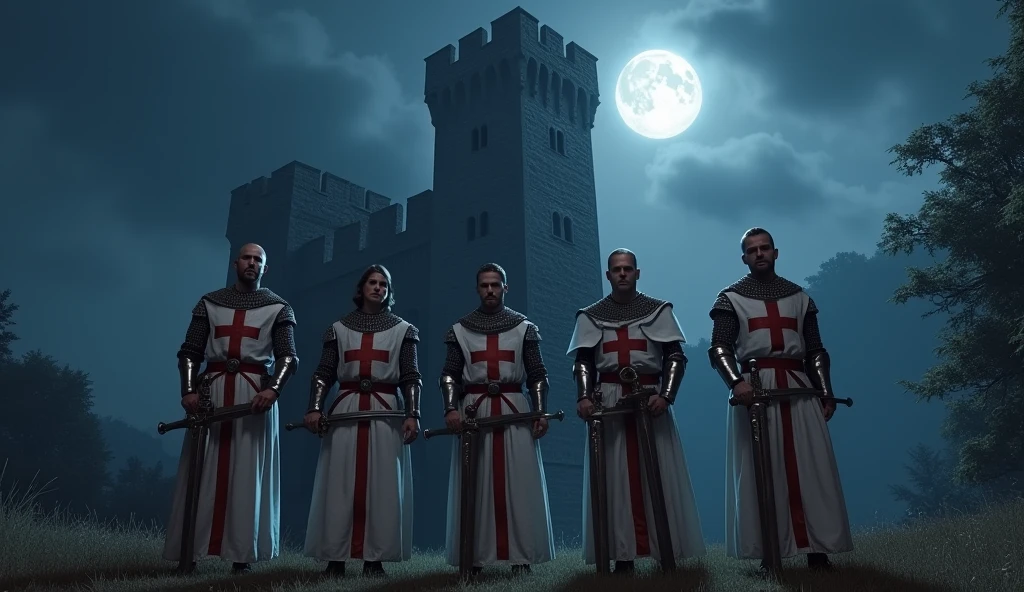 5 Knights Templar in front of the castle tower, the night