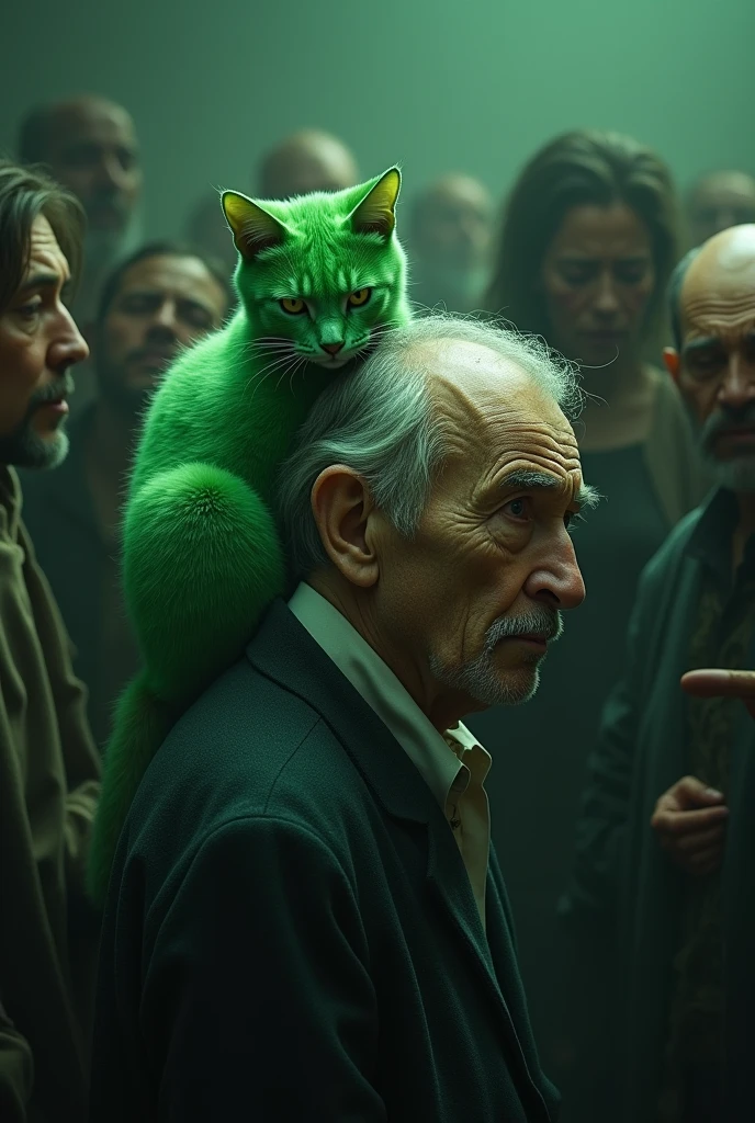 A green cat in a old man shoulder and everyone crying