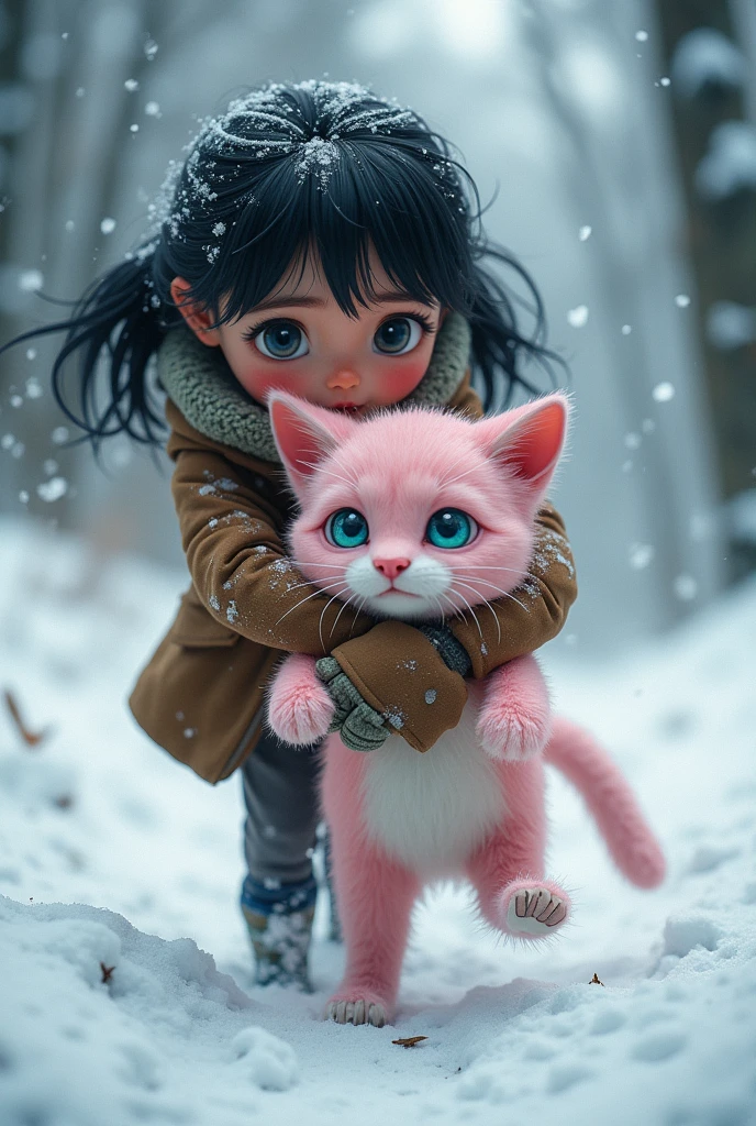 A light pink-furred cat with piercing blue eyes lies wounded in the snow, its breath shallow and labored. A young girl with black hair and a fearful expression stumbles upon the cat, her brown coat flapping in the icy wind.Silent Plea: The girl, her heart pounding with fear and determination, cradles the injured cat in her arms as she hurries through the snowy jungle. The cold bites at her skin, but she presses on, desperate to save the fragile creature.