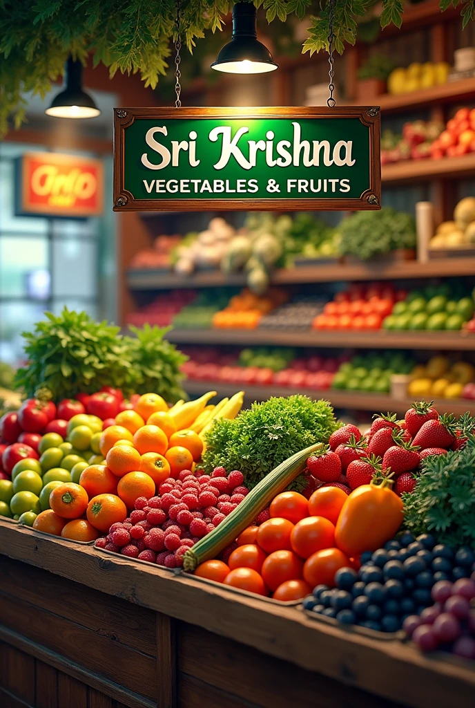 Create image of vegetables and fruits then add name on the top,sri Krishna vegetables & fruits  
Create realistic image of shop 