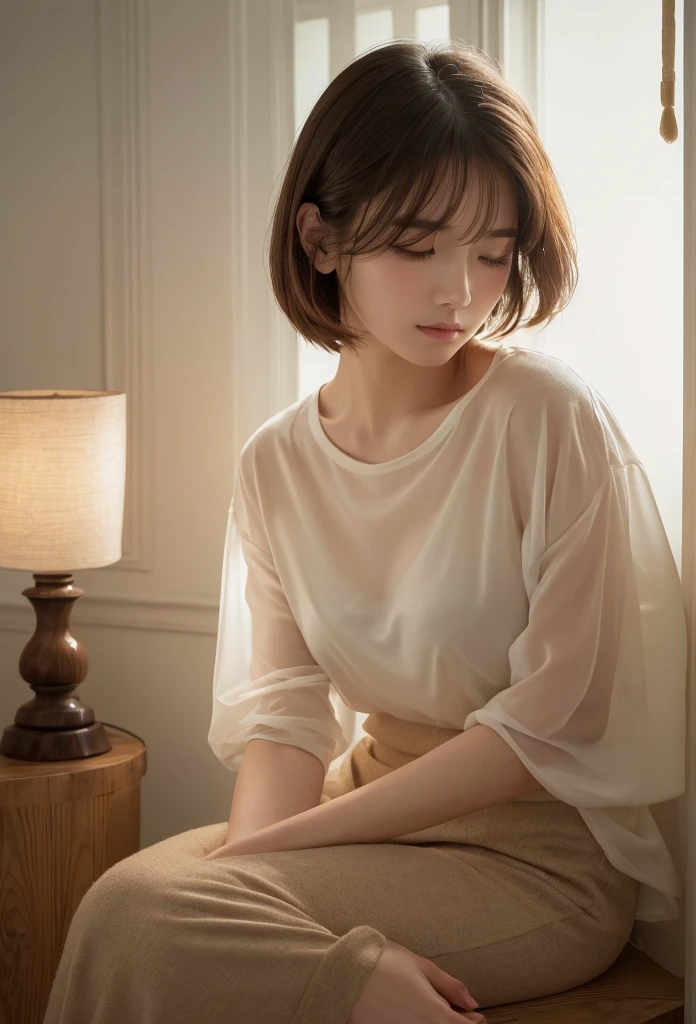 ((Highest quality)), ((masterpiece)), (Familiar), Perfect Face、illuminated by soft natural light、Evokes a sense of calm and introspection、Creates a meditative atmosphere、Delicate and detailed face、See-through shirt、Full body image、Surreal、非常にdetailed、detailed、Pure erotic face ace、Fluffy brown short hair