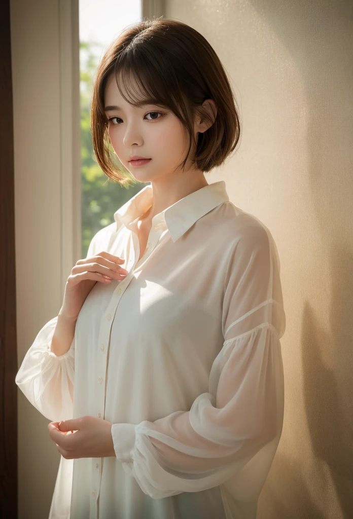 ((Highest quality)), ((masterpiece)), (Familiar), Perfect Face、illuminated by soft natural light、Evokes a sense of calm and introspection、Creates a meditative atmosphere、Delicate and detailed face、See-through shirt、Full body image、Surreal、非常にdetailed、detailed、Pure erotic face ace、Fluffy brown short hair