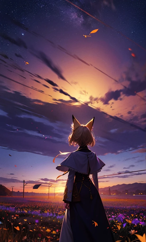 1people々々々々々々々々,Woman with medium length blonde hair,Fox Ears,Long coat,Takageta, Dress Silhouette, Rear View,Space Sky, Full moon background,Flower Field,Colorful flowers,Dancing Petals,autumn,autumn leaves,