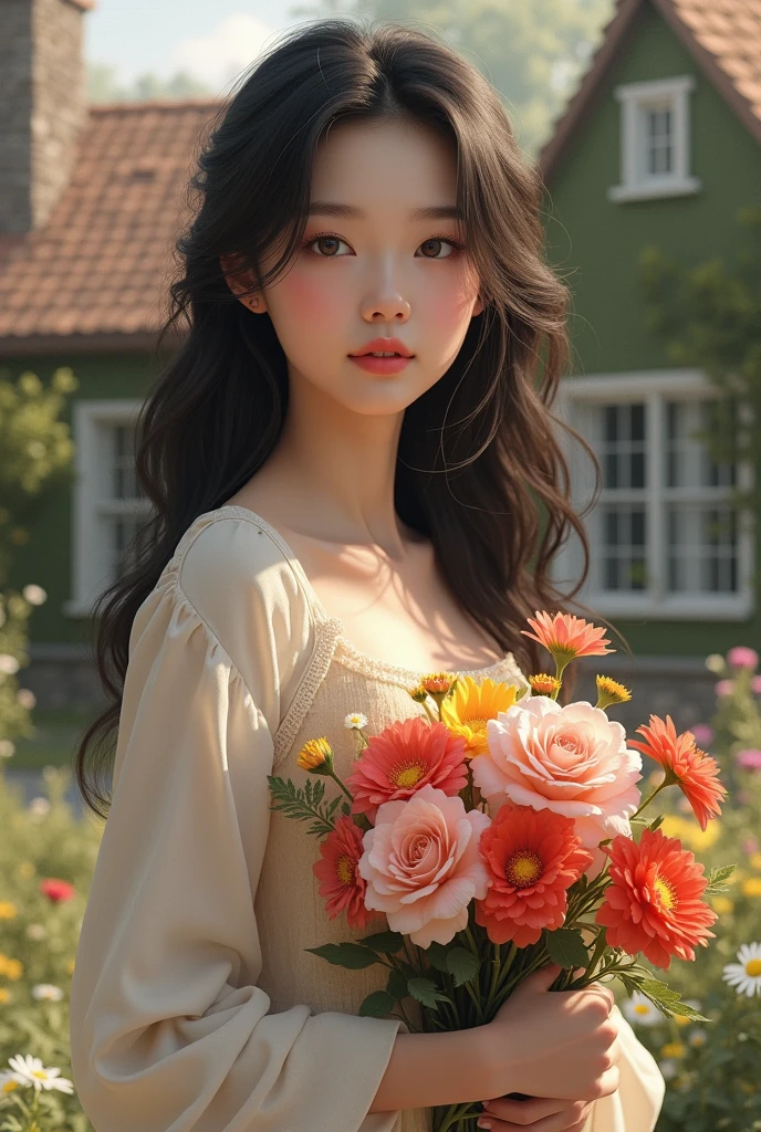 A beautiful girl holding flowers in front of the house