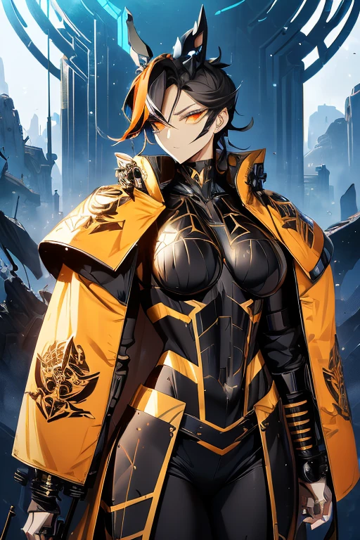 An epic and visually stunning digital artwork featuring a mid-30's masculine female with an angular facial structure and a flat masculine chest. The character is adorned in a heavy diesel punk style with a heavy metal aesthetic, wearing eyeshadow for added intrigue. The image showcases the beauty and elegance of the character, who is wearing mechanical armor plating. The character has bright piercing orange eyes that stand out against their pure white armor plating. The armor is gorgeously engraved and resembles an armored trench coat. The character also possesses androgynous features, with mechanical muscled arms adding to their unique appearance.