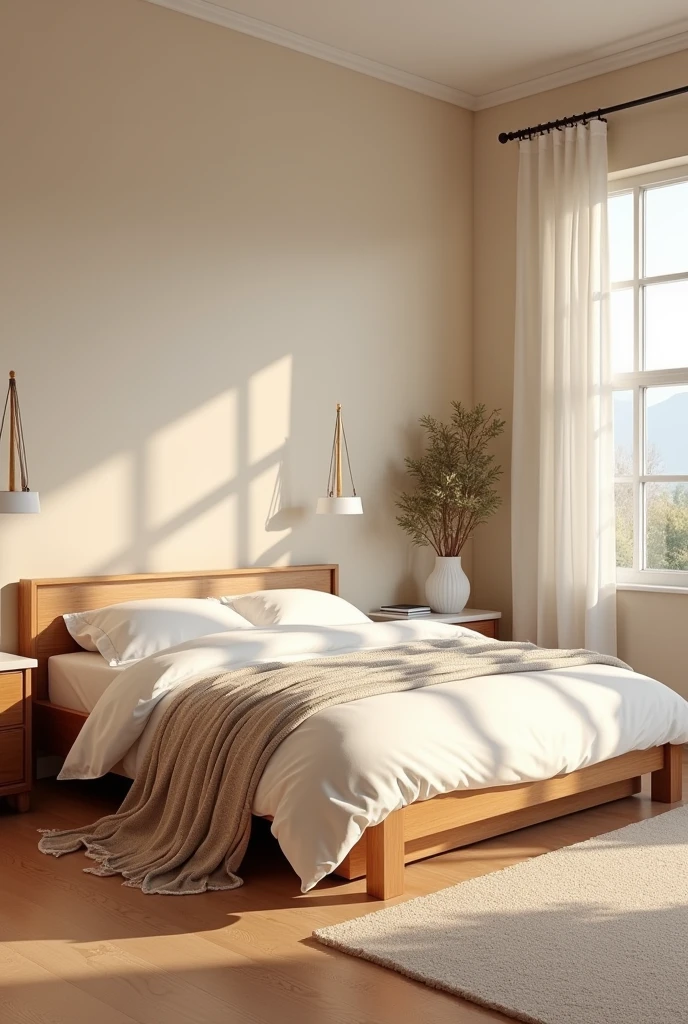 A bedroom with wooden floor, with a window with natural light, with a champagne-colored wall color