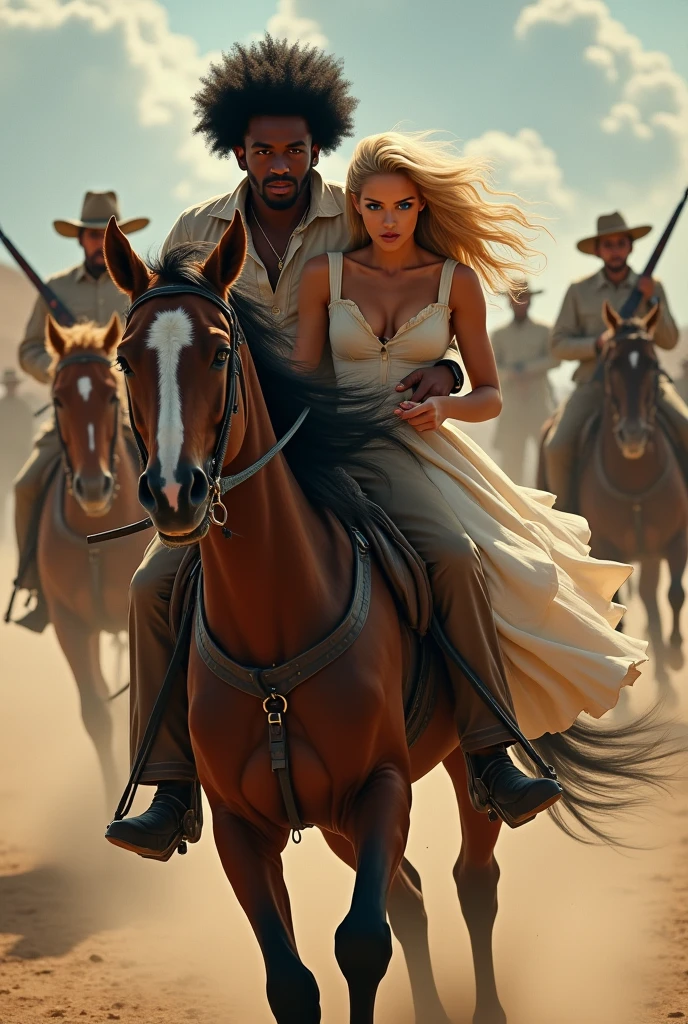Edit a photo depicting a young black man, Afro-descendant with black power style hair, running away with a  girl, blonde and blue eyes, on a white horse and being watched by brave men armed with rifles, in a situation of danger