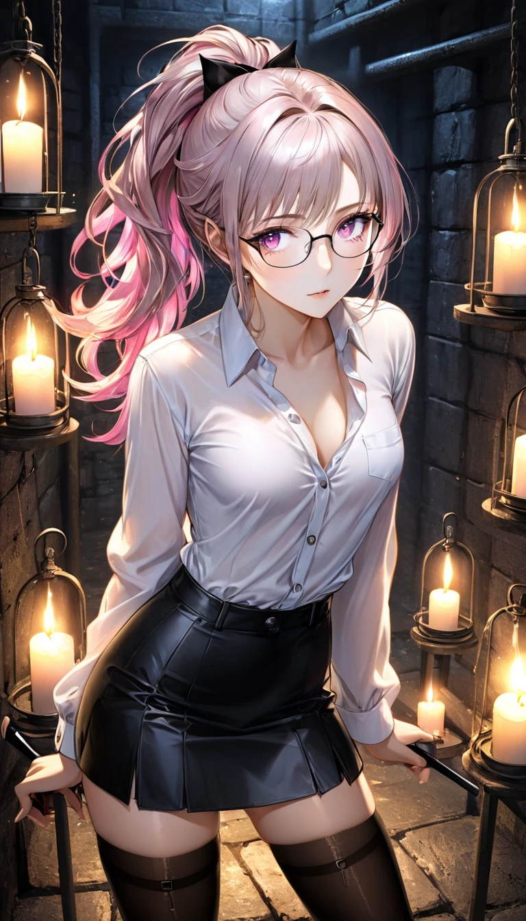 Intelligent beauty, glasses, platinum color messy wavy ponytail, forehead, (attractive and seductive) and (amorous and lewd) expression, pink eyes, make-up, glamorous proportions, wearing unbuttoned white shirt, tight black mini skirt, black stockings, iridescent rapier, background dim underground prison, candlelight room, (ultra detailed, absolutely resolution, best quality:1.3), 2.5D, delicate and dynamic effects, shading effects, contrast effects, artistic, hyper, graphic CG digital art