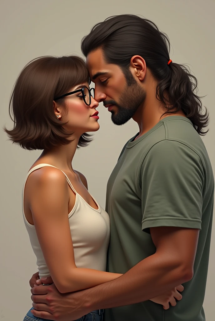 A couple where the woman is white with brown short hair and glasses, a little fatter and the man from Colombian origin with black mulet hair and brownish skin color 
