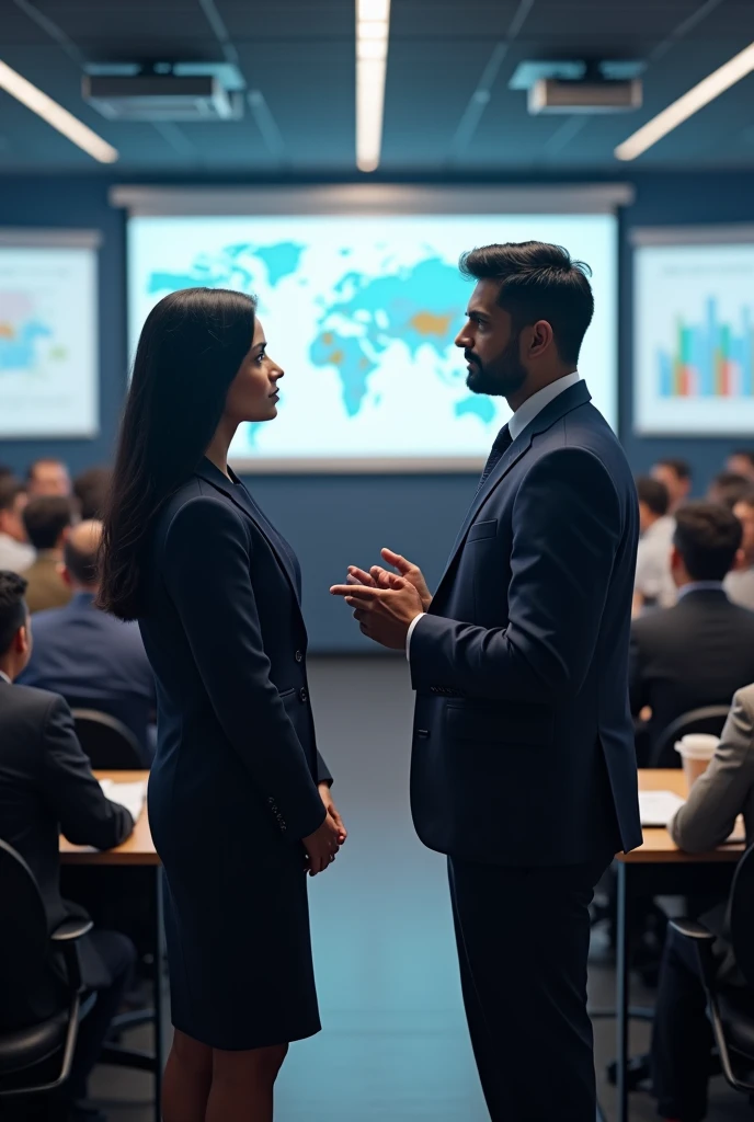Indian Man and women in formal outfit giving ppt presentation to group of 50 men and women 