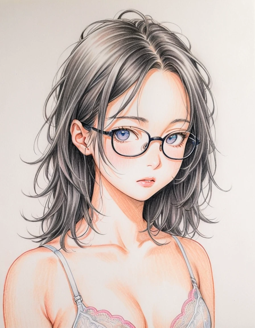 1 female, 30-year-old, alone, thin, slender, small breasts!!!, Loose curly hair, Bedhead, Forehead, thin, slender, (((glasses))), lingerie, white bra, (((She wears sexy bra))), Are standing, art, Colored pencil drawing, draft, White background, portrait