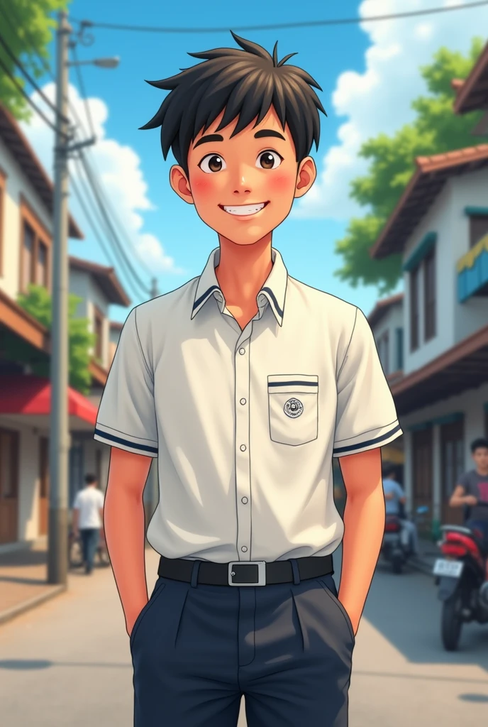 A 1 male ager wearing a Thai school uniform is standing and smiling on the street in front of his house. Image size MS.