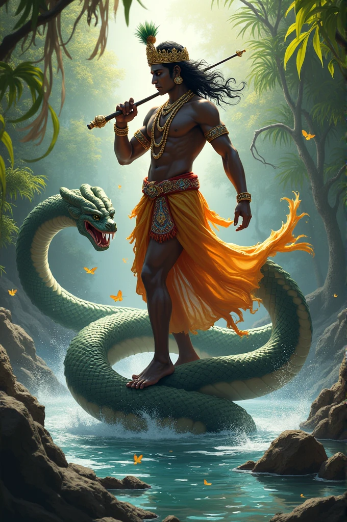 Give me a picture of krishna stand on snake hed and fighting