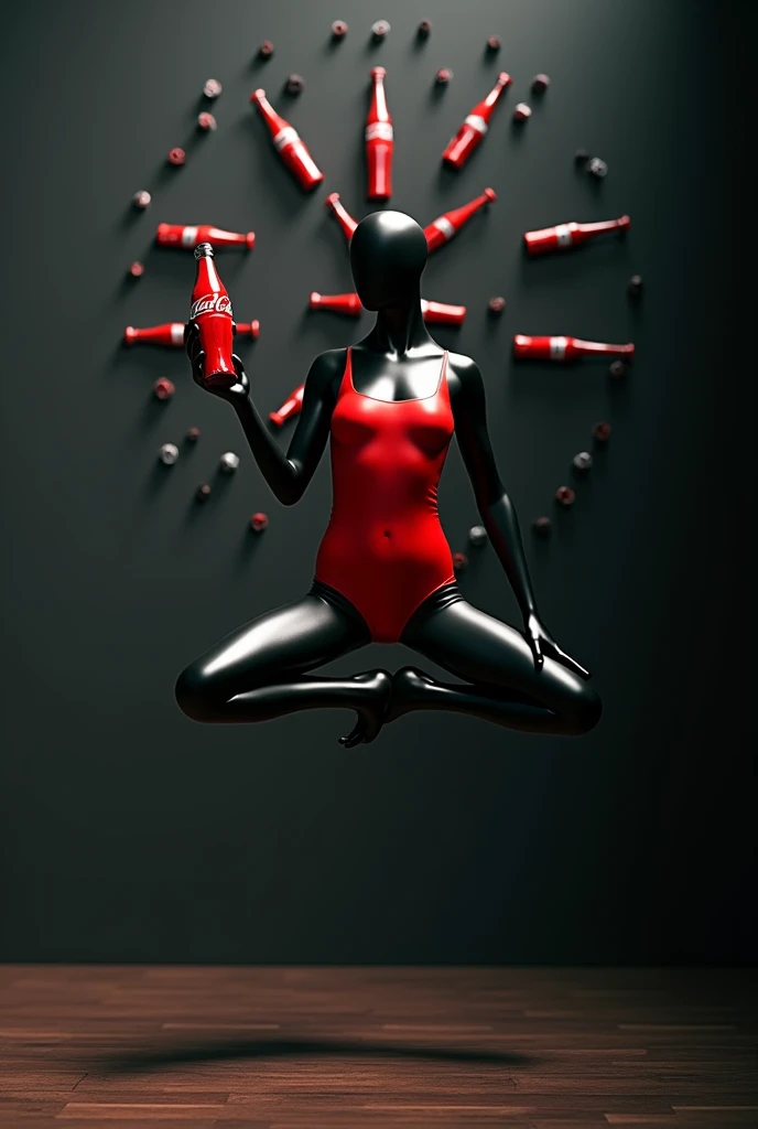 shop window with a black mannequin in a red swimsuit holding a coca cola in a floating yoga position, in the middle of a clock whose hands are coca cola bottles, on a dark background and highlighted in the middle