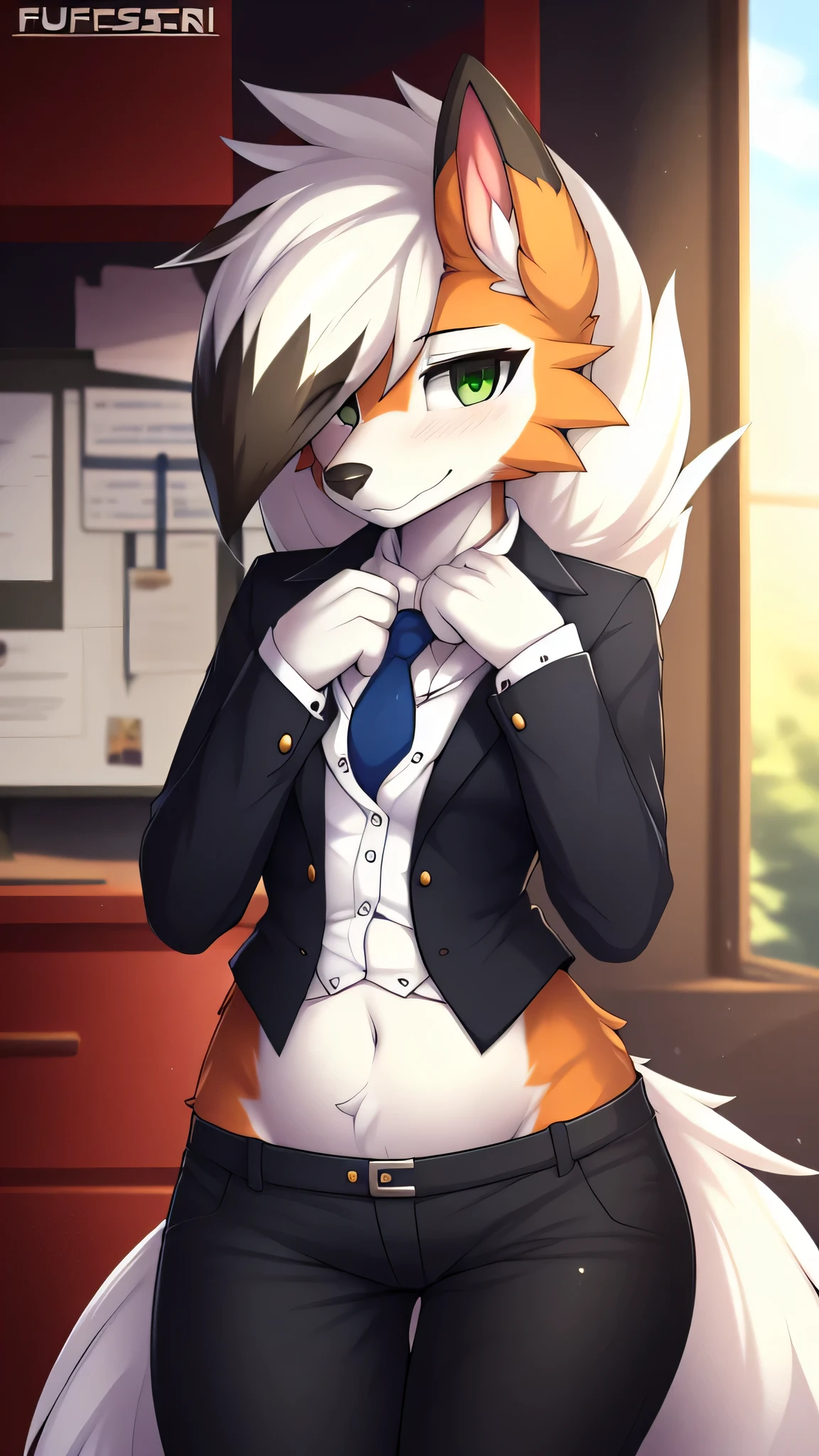 By zinfyu,by twistedscarlet60, uploaded on pixiv, by fluff-kevlar, (masterpiece), (best quality), (solo female:1.2), (extremely detailed:1.3),(detailed eye,black circle on eye,green eye), lycanroc dusk, Front view, view on viewer,  shy face, half body on potrait, only body and head, close view, wearing black casual uniform, long uniform, black Long pant, red tie, feminime_flatchested, close up photo of lycanroc, focus on face, in office, 