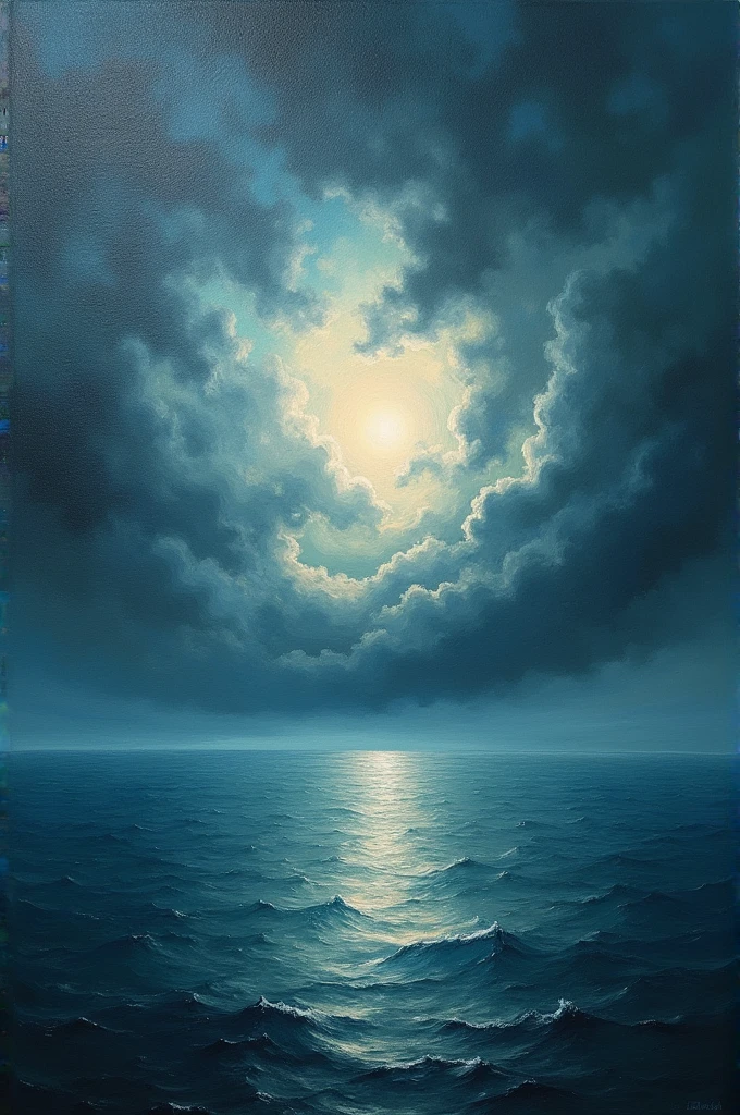 A rough oil painting of a chaotic and stormy sky and a calm waveless sea