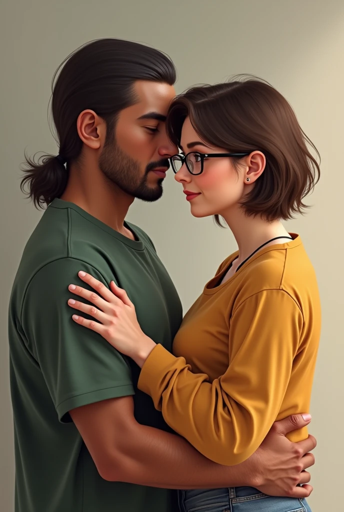 A couple where the woman is white with brown short hair and glasses, a little fatter and the man from Colombian origin with black mulet hair and brownish skin color 
