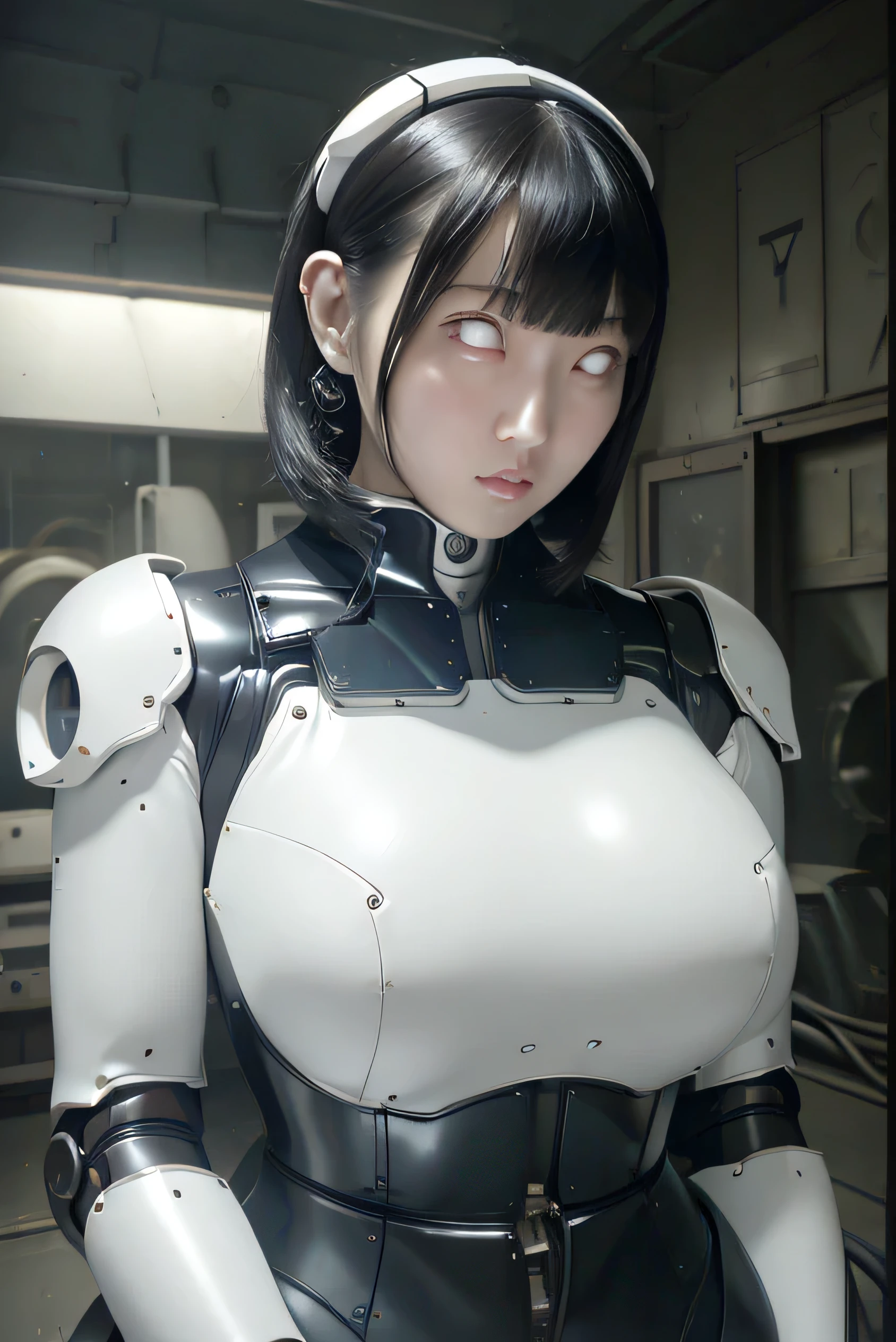 masterpiece, best quality, extremely detailed,  Japaese Cyborg girl,Plump , control panels,android,Droid,Mechanical Hand, Robot arms and legs, Black Robot Parts,Black hair,Mechanical body,Blunt bangs,White robotics parts,perfect robot girl,long tube,thick cable connected her neck,ceramic body ,mechanical body, mechanical ear cover, mechanical costume,android,robot,humanoid,cyborg,japanese android woman ,mechanical chest,future laboratory,connecting a cable between the legs,white eyes