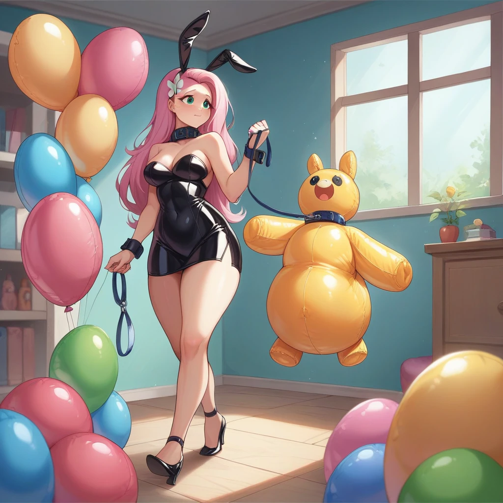 BDSM, colorful balloons, balloon fetish, inflatables, looner, femdom mistress dominatrix mlpfluttershy in black latex dress and high heels walking the slave on a leash, slave in inflatable latex suit with inflatable collar trapped inside huge inflatable balloon, feet worship, medium naked thighs, medium breasts, hair ornament, fake bunny ears, perfect feet, balloons everywhere, huge inflatable toys around, inside inflatable room, inflatable balloon bondage, pear type of body shape