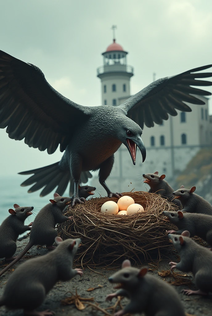 Rats attacking an alcatraz nest with 3 eggs an alcatraz defending the nest