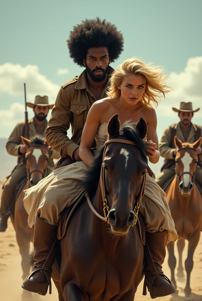 Edit a photo depicting a young black man, Afro-descendant with black power style hair, running away with a  girl, blonde and blue eyes, on a white horse and being watched by brave men armed with rifles, in a situation of danger