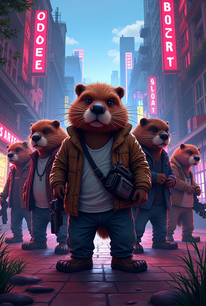 Create a picture of different beavers in the design of GTA. Please write “GTA VI Bober” in the middle.
