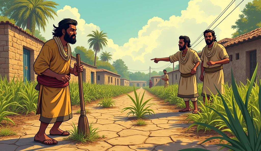 Villagers mocking Farmer Dhruv: Comic style. Dhruv continues to water his crops amidst the dry, cracked earth. Nearby, two villagers in plain tunics stand with sneering expressions, pointing and laughing. Their background includes a few more dry, neglected fields and a dusty village street. Despite their mockery, Dhruv remains focused on his task, his determination unwavering as he tends to his struggling crops.use the same farmer previous image