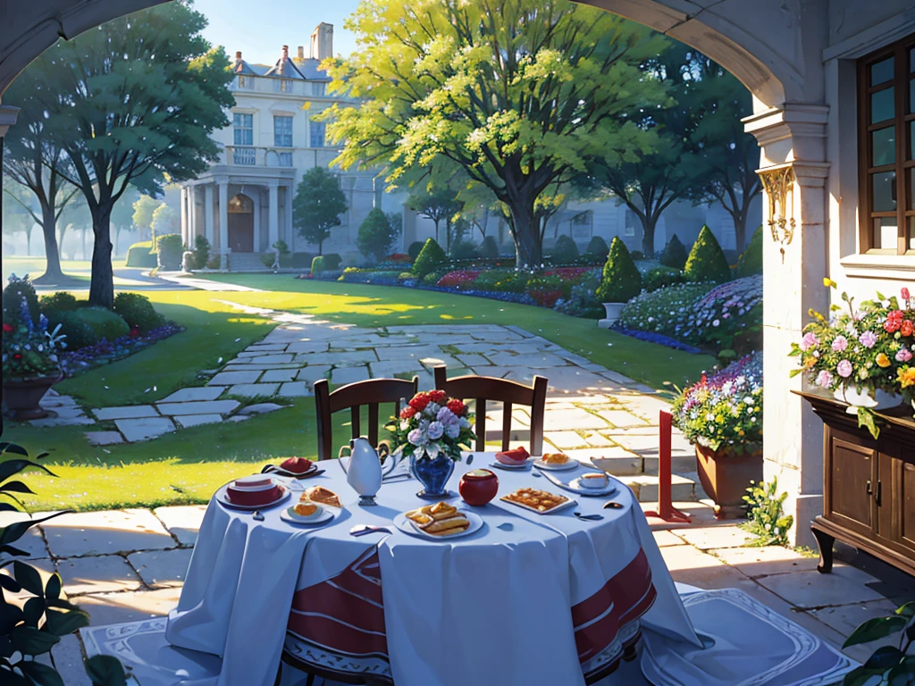 absurdres, tangle, concept art, scenery, wide shot, breakfast scene in the royal garden, breakfast perfectly arranged on a rectangular long table, six luxury chairs, baskets of freshly baked pastries, cutlery, scrambled eggs, well-cooked bacon, tomato and lettuce salad, fruit Assortment, glass cup, tablecloth, vase, morning sun, trees, flower garden, brook
