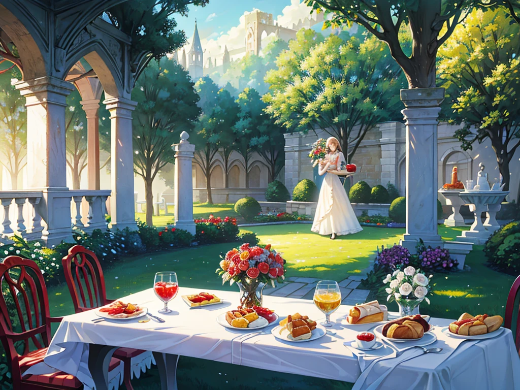 absurdres, tangle, concept art, scenery, wide shot, breakfast scene in the royal garden, breakfast perfectly arranged on a rectangular long table, six luxury chairs, baskets of freshly baked pastries, cutlery, scrambled eggs, well-cooked bacon, tomato and lettuce salad, fruit Assortment, glass cup, tablecloth, vase, morning sun, trees, flower garden, brook