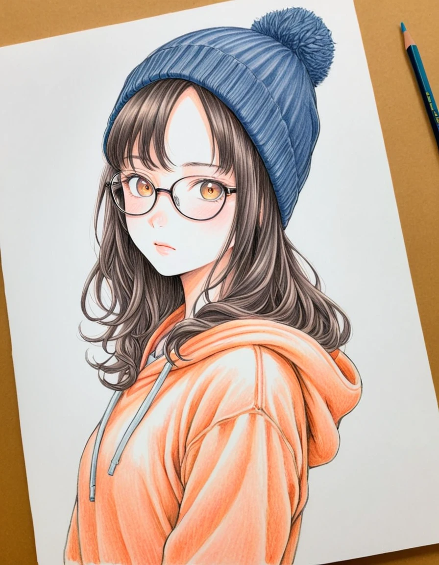 1 female, 30-year-old, alone, thin, slender, small breasts!!!, Loose curly hair, Bedhead, Forehead, thin, slender, (((Knit cap, glasses))), hoodie, Skinny skirt, Are standing, art, Colored pencil drawing, draft, White background, portrait