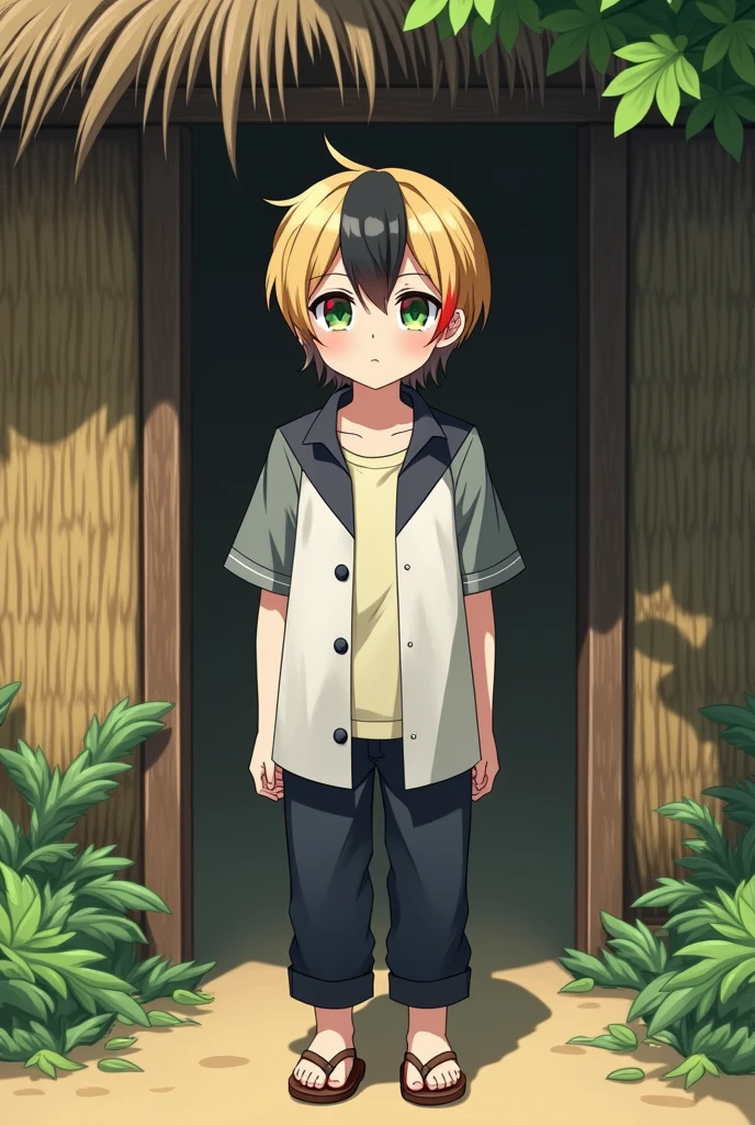 a fantasy anime boy with short and tidy "some blonde and some black hair with a little much red hair" mixed . White shirt with gray short sleeves and black edges, cream colored t-shirt underneath. The buttons are closed. Standing in front of the door of a house with straw walls and a hay roof. Among the greens and a single big tree facing. Old navy pants and old brown sandals. a strong exerciser and tall body that looks a little hot . looking at you seriously in a simple pose . . shiny green eyes that have red halo around the pupils