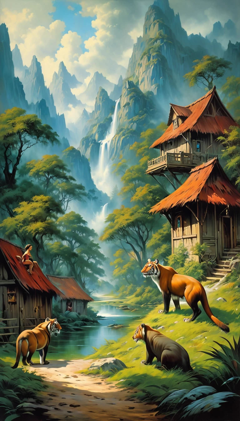 artist by Boris Vallejo,inside the village,wild animals,light tones,(smooth strokes),fine sketches,Vivid,Moody,Landscapes,Fantasy,Dark,landscape oil painting, red and green colors
