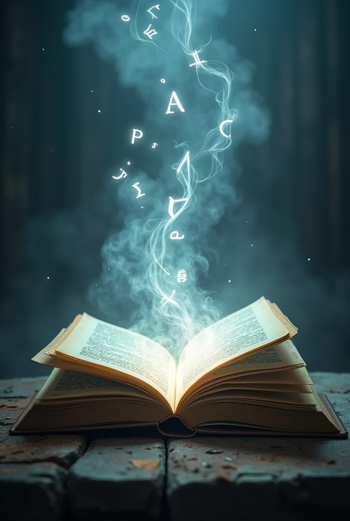 There is an open book, letters are going out of the book with soul from the book
