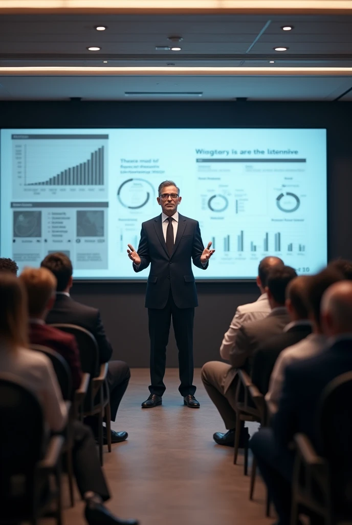 Indian Man in formal outfit giving ppt presentation to group of 50 men and women