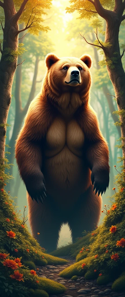 a photorealistic brown bear, highly detailed 8k vector art painting, imaginative scene, vibrant orange yellow green colors, masterpiece, detailed fur textures, bear standing in forest, natural lighting, cinematic composition, intricate background details, lush foliage, forest floor, photorealistic rendering, professional quality