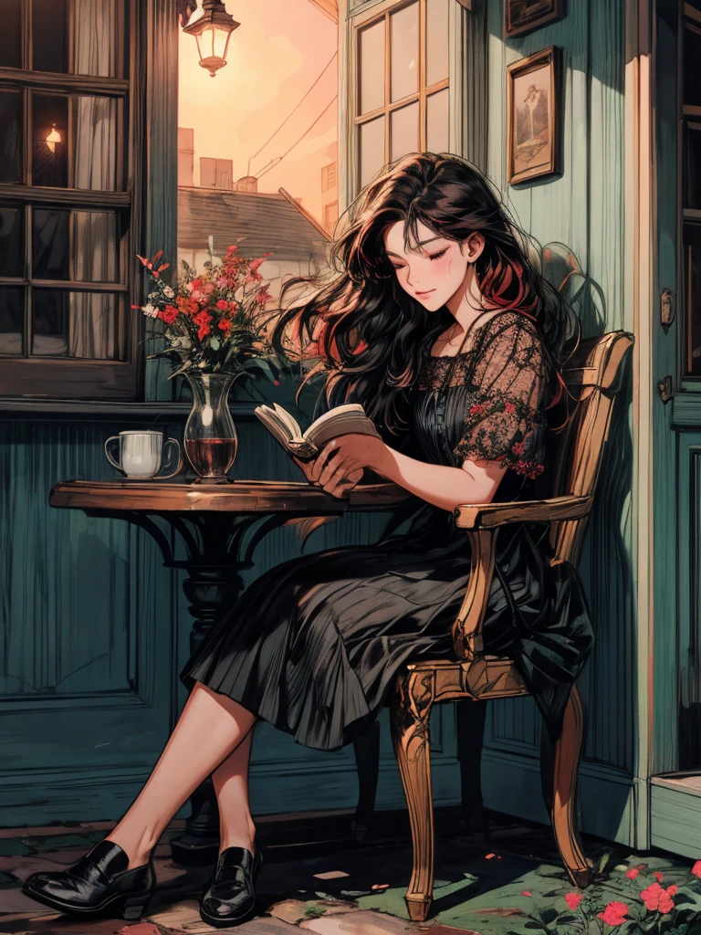 beautiful woman, (((full body))), ((background outdoor house)), (best quality), 1girl, solo A room with glass windows, curtains, a young woman with long black hair, red hair , eyes closed, sitting on a chair, She is sitting and reading a book in front of the house., There are flowers, flower pots, a table, a wine glass, a wine bottle, a lamp, a black cat, Outside the window, there is a dark sky and stars.