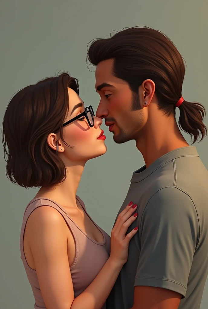 A couple where the woman is white with brown short hair and glasses, a little fatter and the man from Colombian origin with black mulet hair and brownish skin color 

