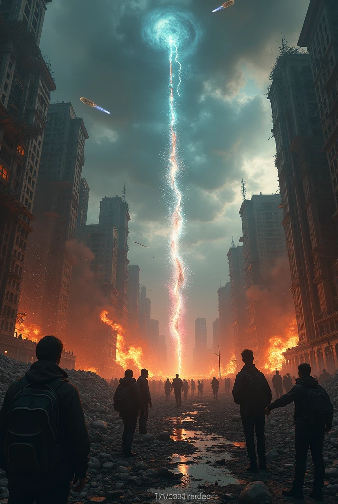 A city in ruins, dark gray clouds, many meteors hit the city buildings and destroy them, explosions everywhere, fire, smoke, some people are seeing the moment of destruction from afar, some people hugging each other. This is the end of the day, judgment day. Dramatic lighting, cinematic, ultra detailed, highly detailed, intricate detail, ultra realistic, hyper realistic.