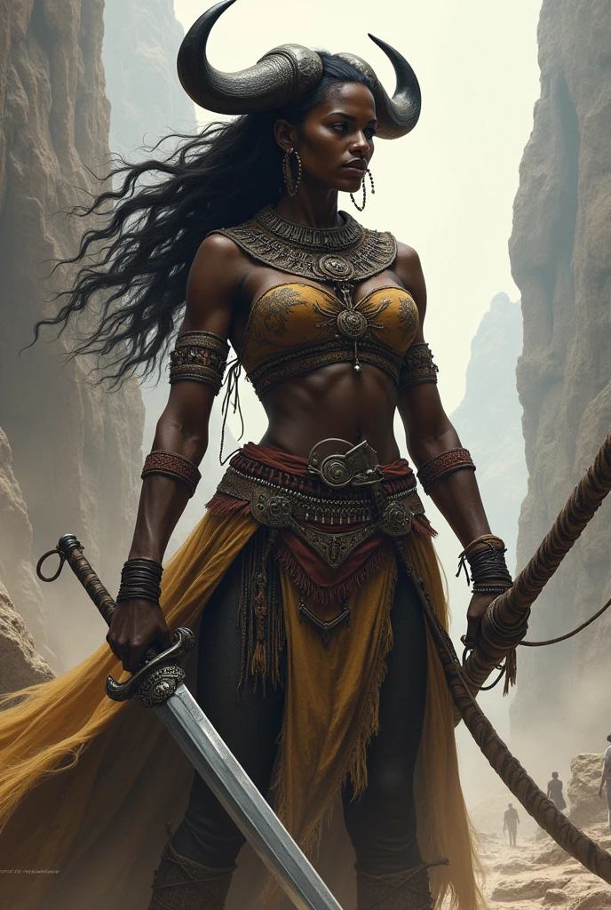 Iansã, Warrior Woman Wearing Red, Black skin and buffalo horns, carrying a sword and an eruexim