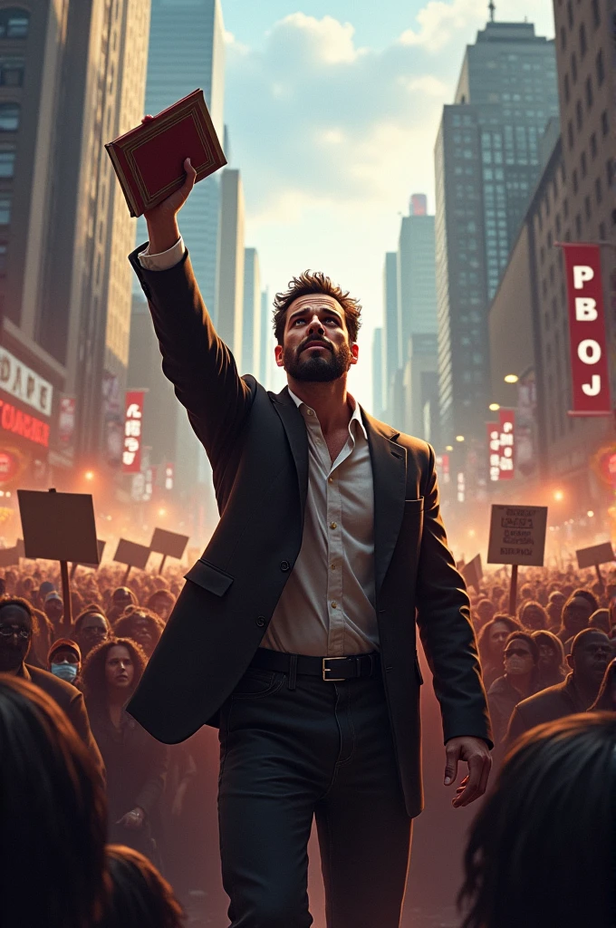 A leader who is protesting with thousands of people and holding a book raised in his hand.