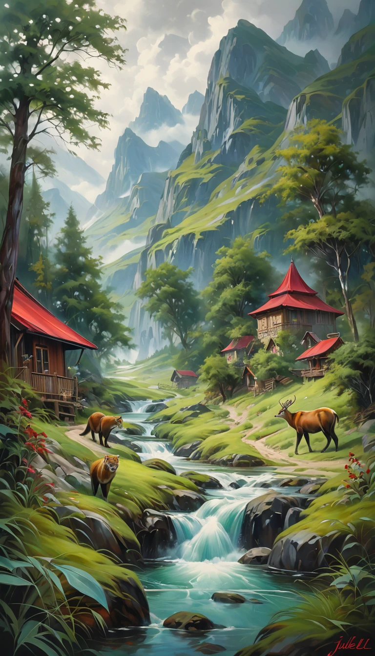 artist by Julie Bell,inside the village,wild animals,light tones,(smooth strokes),fine sketches,Vivid,Moody,Landscapes,Fantasy,Dark,landscape oil painting, red and green colors