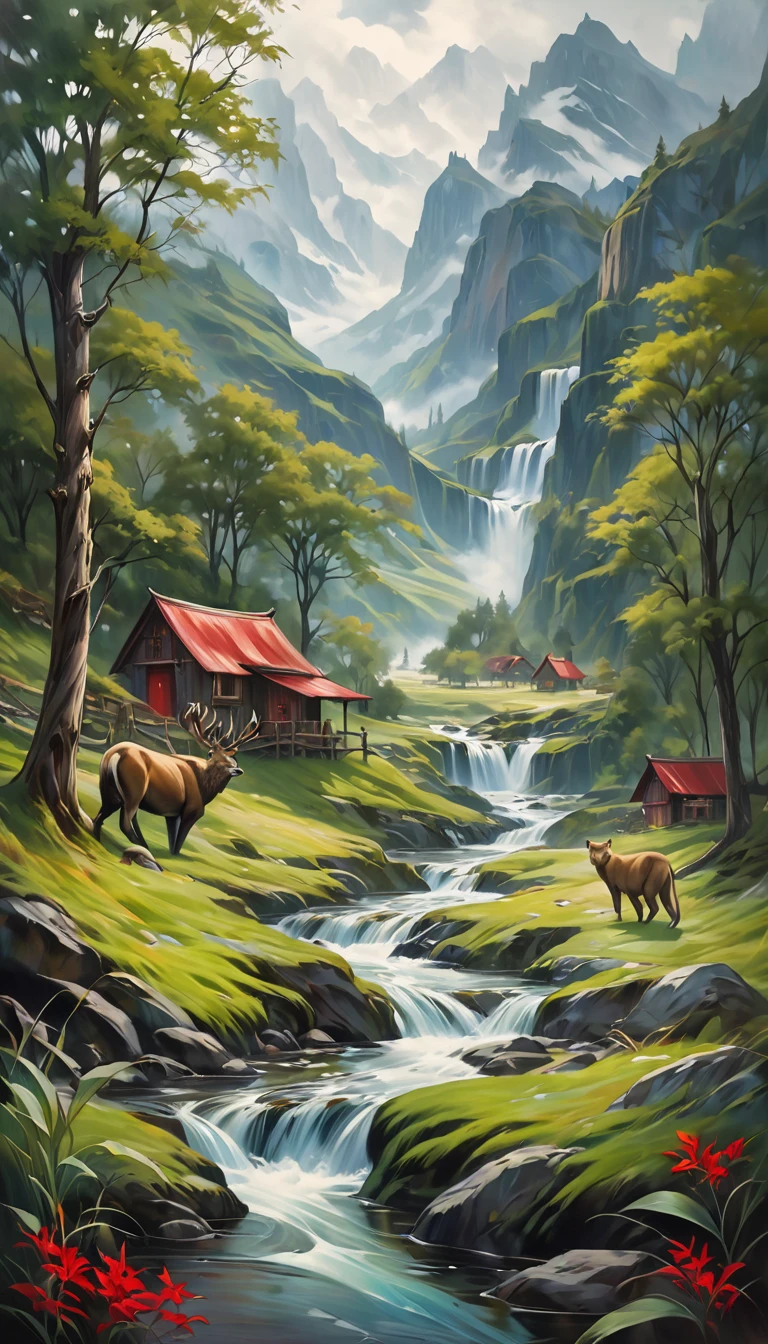 artist by Julie Bell,inside the village,wild animals,light tones,(smooth strokes),fine sketches,Vivid,Moody,Landscapes,Fantasy,Dark,landscape oil painting, red and green colors
