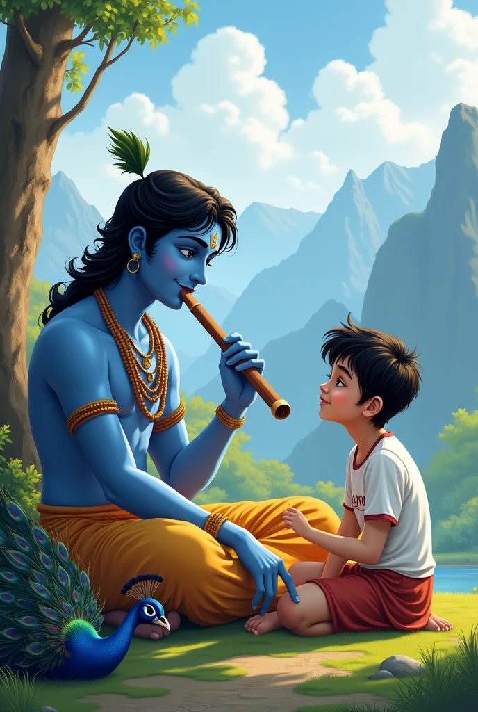 A young boy wearing a white T-shirt with ABHIRAJprinted on it sits beside a blue-skinned figure resembling Lord Krishna, who is playing a flute. The scene is set in a picturesque landscape with mountains in the background, lush greenery, and a peacock nearby. The boy and Krishna , embodying a sense of friendship and joy.