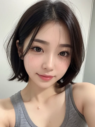 masterpiece、Highest quality、Realistic、超High resolution、High resolution、16k wallpaper、Very detailed、Finer details、Cinema Lighting、White Room、Young woman taking a selfie,( Sweaty skin、Sweaty skin、Sweaty grey tank top:1.3)、Very detailedな顔、Transparent white skin texture、Rounded outline、Natural Makeup、A small smile、short hair、Gentle expression、Detailed eyes、Symmetrical black eyes、(short hair、low hair volume、Thick Hair、Coarse hair、High quality grey tank top)、Nice, Japanese Gravure Idol
